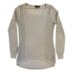Rock & Republic Metallic Open Knit Mesh Sweater Silver Gray Hi Low Small Top